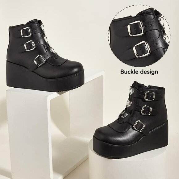 🆕 Platform Chunky Ankle Boots - Women Black Polyurethane Rave Goth Booties - Picture 4 of 10